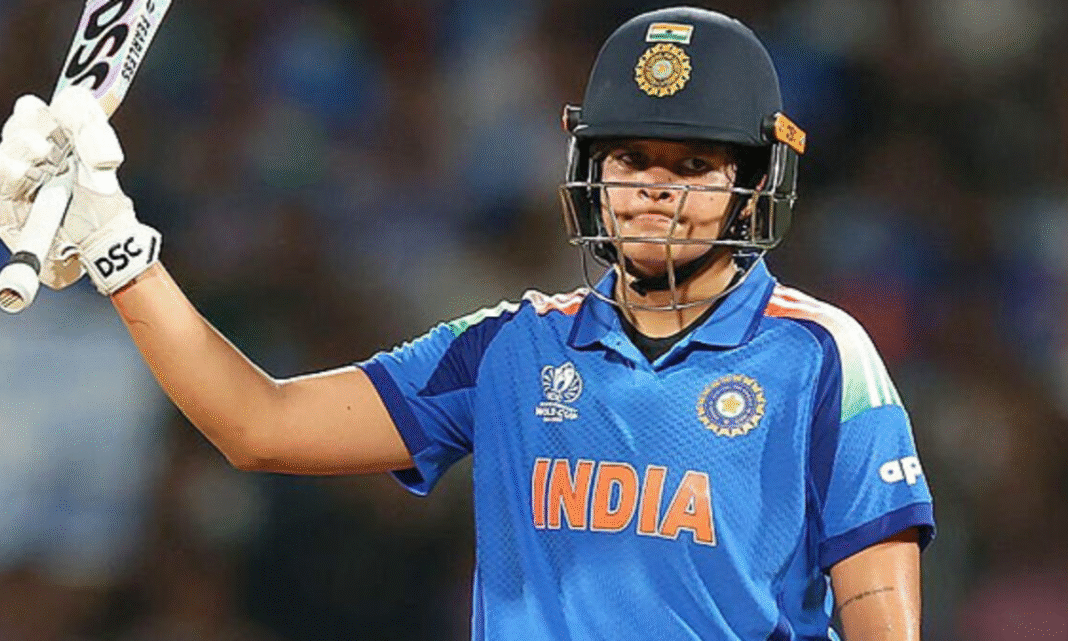 “Indian women’s cricket team celebrating after winning their first ODI World Cup title in 2025 at DY Patil Stadium.”